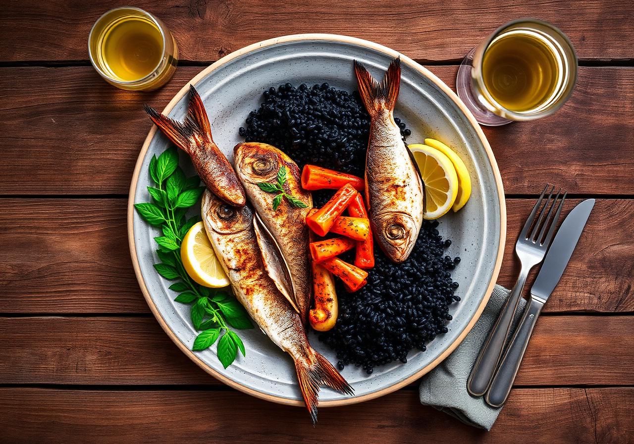 Dalmatian seafood plate with black risotto and grilled fish