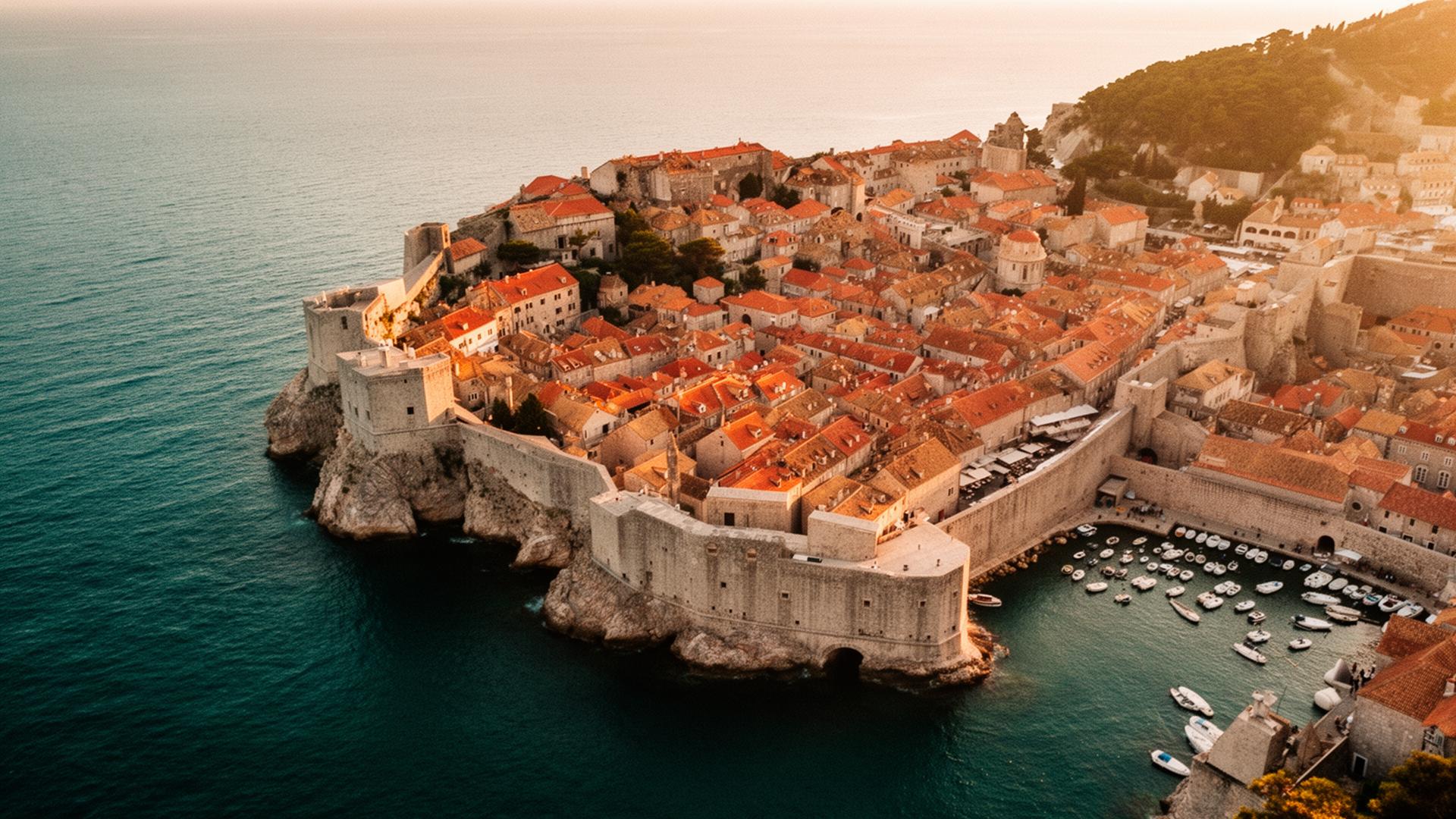 Aerial view of Dubrovnik old town at golden hour